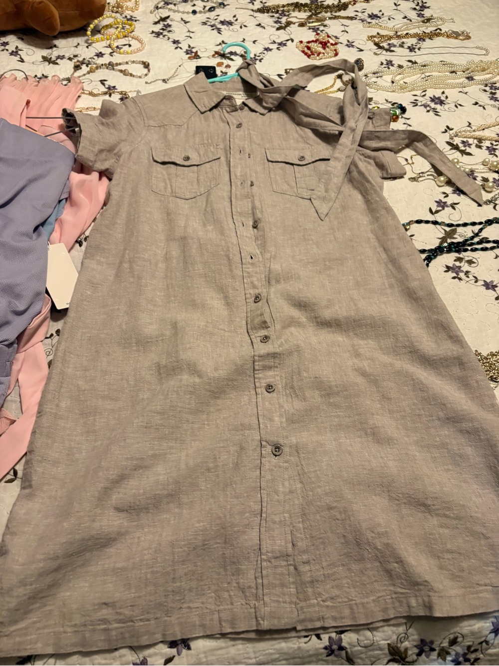 Button-Front Linen Shirt Dress in Light Taupe
